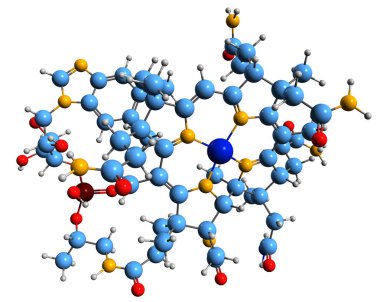  Siyanokobalamin iskelet formülünün 3 boyutlu görüntüsü - beyaz zemin üzerinde izole edilmiş B12 vitamininin moleküler kimyasal yapısı