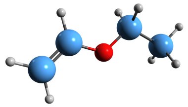  Etil vinil iskelet formülünün 3 boyutlu görüntüsü - Etoxyethene 'in moleküler kimyasal yapısı beyaz arka planda izole edildi