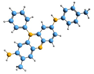  Mauveine 'in 3 boyutlu görüntüsü Bir iskelet formülü - beyaz arkaplanda izole edilmiş anilin morunun moleküler kimyasal yapısı