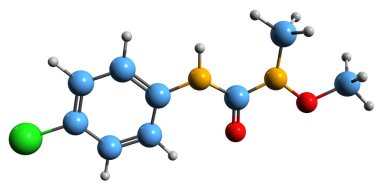  Monolinuron iskelet formülünün 3 boyutlu görüntüsü - beyaz arka planda izole edilmiş böcek ilacının moleküler kimyasal yapısı