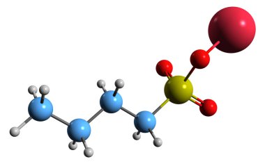  Sodyum butanesulfonat iskelet formülünün 3 boyutlu görüntüsü - beyaz arka planda izole edilmiş organik bileşiğin moleküler kimyasal yapısı