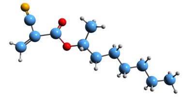  Octyl siyanoakrilat iskelet formülünün 3 boyutlu görüntüsü - beyaz arkaplanda izole edilmiş Octyl 2-siyanopropenoatın moleküler kimyasal yapısı