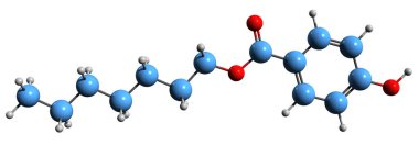  Heptilparaben iskelet formülünün 3B görüntüsü - Heptil p-hidroksibenzoatın moleküler kimyasal yapısı beyaz arkaplanda izole edildi