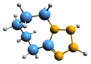  Pentylenetrazol iskelet formülünün 3 boyutlu görüntüsü - solunum uyarıcısının moleküler kimyasal yapısı beyaz arka planda izole edilmiş Corazol
