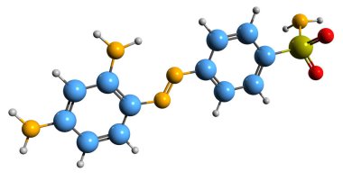  Prontosil iskelet formülünün 3 boyutlu görüntüsü - beyaz arka planda izole edilmiş sülfonamit antibakteriyel ilacın moleküler kimyasal yapısı
