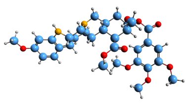  Reserpine iskelet formülünün 3 boyutlu görüntüsü - beyaz arkaplanda izole edilmiş filtokimya moleküler kimyasal yapısı