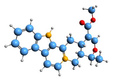  Serpentine iskelet formülünün 3 boyutlu görüntüsü - beyaz arkaplanda izole edilmiş alkaloidin moleküler kimyasal yapısı