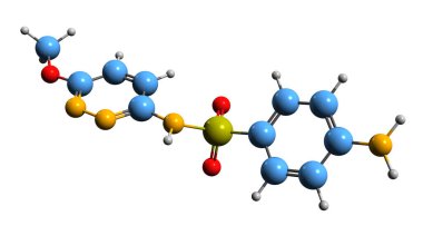  Sulfamethoxypyridazine iskelet formülünün 3 boyutlu görüntüsü - beyaz arkaplanda izole edilmiş sülfonamitin moleküler kimyasal yapısı