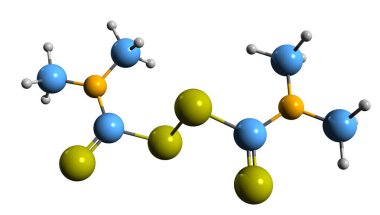Thiram iskelet formülünün 3 boyutlu görüntüsü - beyaz arkaplanda izole edilmiş Fungicide thiuram disülfidin moleküler kimyasal yapısı