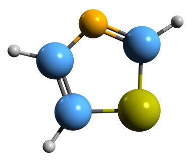  Thiazole iskelet formülünün 3 boyutlu görüntüsü - beyaz arkaplanda izole edilmiş heteroklik bileşiğin moleküler kimyasal yapısı