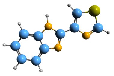 Tiabendazole iskelet formülünün 3 boyutlu resmi - beyaz arkaplanda izole edilmiş moleküler kimyasal yapı