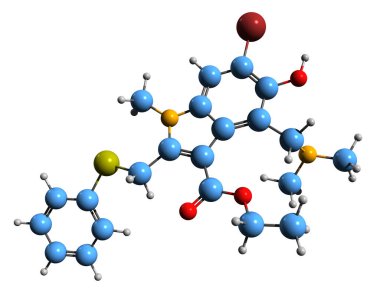  Umifenovir iskelet formülünün 3 boyutlu görüntüsü - beyaz arka planda izole edilmiş antiviral ilaçların moleküler kimyasal yapısı