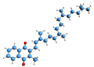  Phytomenadione iskelet formülünün 3 boyutlu görüntüsü - beyaz arkaplanda K1 vitamininin moleküler kimyasal yapısı izole edildi