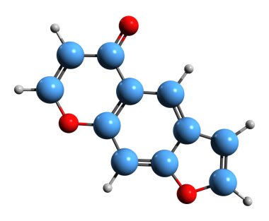  Furanochromone iskelet formülünün 3 boyutlu görüntüsü - beyaz arkaplanda izole edilmiş fitil kimyasalın moleküler kimyasal yapısı