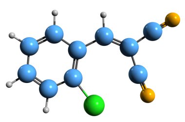 CS gaz iskelet formülünün 3 boyutlu görüntüsü - beyaz arkaplanda izole edilmiş 2-klorobenzalmalonitrile moleküler kimyasal yapı
