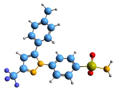  Celecoxib iskelet formülünün 3 boyutlu görüntüsü - COX-2 inhibitörünün moleküler kimyasal yapısı beyaz arkaplanda izole edildi