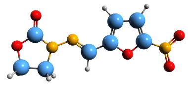  Furazolidone iskelet formülünün 3 boyutlu görüntüsü - beyaz arkaplanda izole edilmiş nitrofuryan antibakteriyel maddenin moleküler kimyasal yapısı
