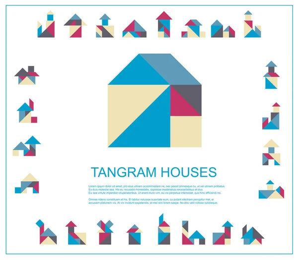 Set of tangram houses  - stylish real estate children\'s puzzle cottage elements - Chinese geometric puzzle buildings