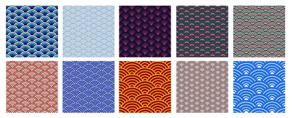 Set Seamless Traditional Japanese Folk Seigaiha Pattern Textures Sea Wave — Foto de Stock
