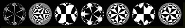Set of Opart Recursion Black and White Round Hyperbolic Tessellation Patterns - Vector Mathematical Folding Graphs  