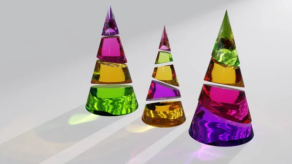 玻璃圣诞树 带圆锥的三维概念图像 透明抽象图形设计符号 — 图库照片