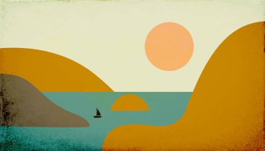 Vector Fjord Hill Peyzaj Çizimi - Tepeler, Fiyort ve Yelkenli ile Görünüm - Düz Tasarım