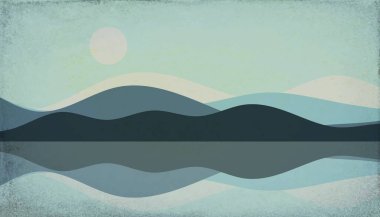 Vector Nocturnal Dağları Manzara Çizimi - Mavi Dağ Sırtı ve Ay 'la Görünüm 