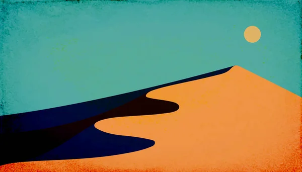 Vector Nocturnal Desert Hill Landscape Illustration -  View with Desert Dunes and Moon