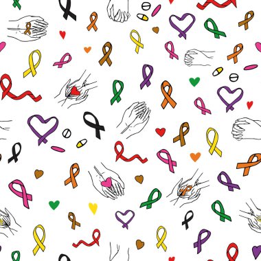 Vector white World Cancer day with ribbons and hearts background pattern. Surface pattern design