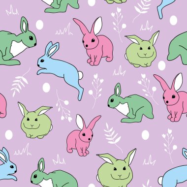 Pembe Mutlu Paskalya tavşanları ve yumurta arkaplan deseni. Vektör deseni. Adobe Illustrator 'da yaratıldı. Kusursuz tekrarlama deseni