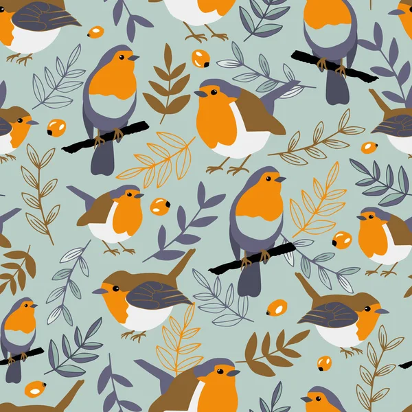 Blue Robin birds background pattern. Cute little red robin birds pattern with trees and rosehips. Adobe Illustrator.