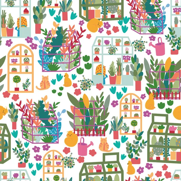 Цветущий Векторный Рисунок Теплиц Весенний Сад Теплицей Кошками Цветами — стоковый вектор