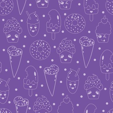 Mor Kawaii tatlısı kusursuz desen. Kawaii dondurması, kapkekler, milkshake 'ler ve mor arka planda çörekler.