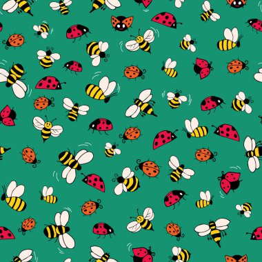 Yeşil uğur böcekleri ve arıların kusursuz bir geçmişi var. Uçan böceklerle yaz şablonu. Böcek deseni. Yaz şablonu