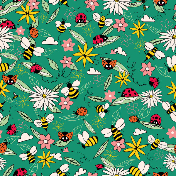 Green Ladybugs and Bees seamless pattern background. Summer pattern with flowers and bugs. Doodle bugs pattern. Summer floral pattern background