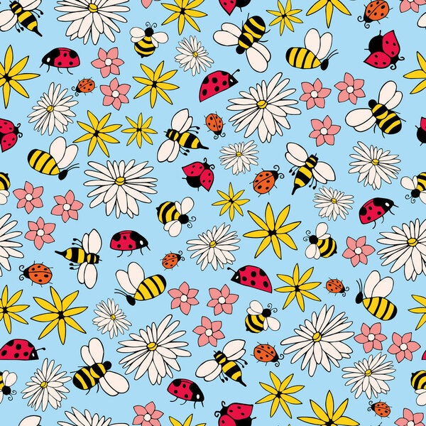 Light blue Ladybugs and Bees seamless pattern background. Summer pattern with flowers and bugs. Doodle bugs pattern. Summer floral pattern background