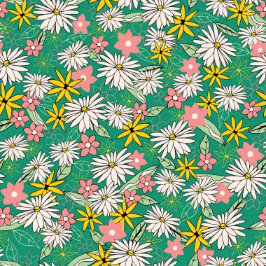 Yeşil karalama çiçekleri kusursuz desenli arka plan. Beyaz, pembe ve sarı yaz çiçekleri deseni. Çiçek deseni. Yaz ve bahar vektörü tekrar deseni