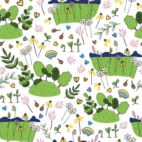 Love Your Planet Seamless Pattern Background Meadow Flowers Trees Лето — стоковый вектор