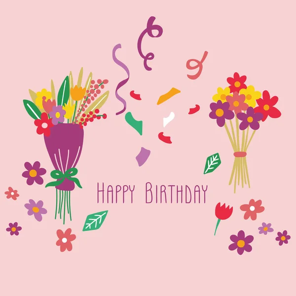Pink Flowers Confetti Happy Birthday Vector Illustration Vector Illustration Illustration — Stock Vector