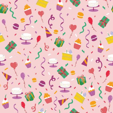Pembe Doğumgünü Partisi kusursuz arka plan modeli. Balonlu, hediyeli ve pastalı doğum günün kutlu olsun. Vektör deseni