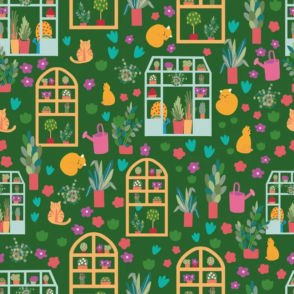 Зеленый Цветущий Вектор Теплиц Весенний Сад Теплицей Кошками Цветами — стоковый вектор