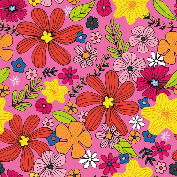 Pink Bright Wildflowers Daisies Seamless Vector Pattern Floral Vector Pattern — Stock Vector