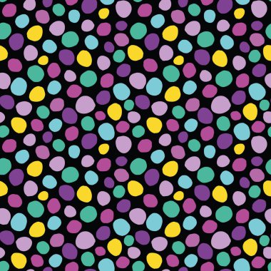 Siyah noktalar kusursuz vektör deseni. Siyah arka planda renkli küçük noktalar. Nokta vektör deseni