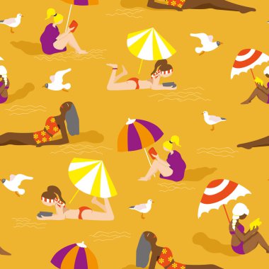 Plajda kusursuz vektör desenli turuncu kadınlar. Kadınlar kumsalda eğleniyor, kitap okuyor, yaz vektör şablonu. Yaz zamanı iyi titreşimler vektör arkaplanı.
