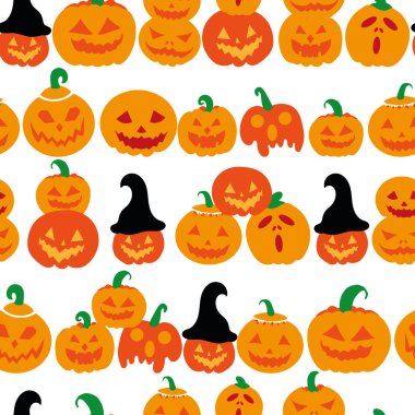 Beyaz Cadılar Bayramı balkabağı kusursuz vektör arkaplan, komik, korkutucu ve kızgın yüzlü. Turuncu ve beyaz Cadılar Bayramı vektör deseni.