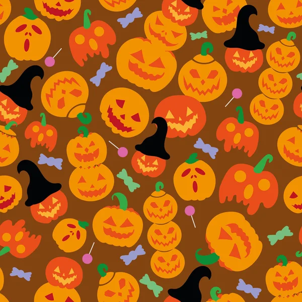 Brown Halloween Pumpa Sömlös Vektor Bakgrund Med Roliga Skrämmande Och — Stock vektor