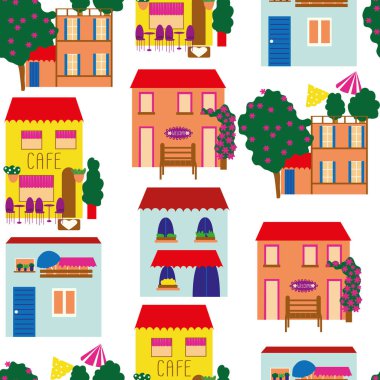 Beyaz şirin şirin evler, kusursuz vektör arka plan. Ağaçlı ve çiçekli renkli evler vektör desenli. Farklı evleri olan küçük şehir vektör arkaplanı