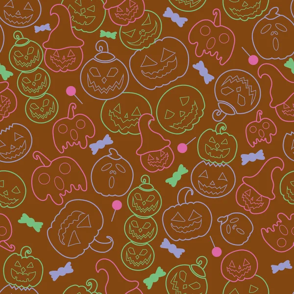 Brown Line Arte Halloween Zucca Senza Soluzione Continuità Vettore Sfondo — Vettoriale Stock