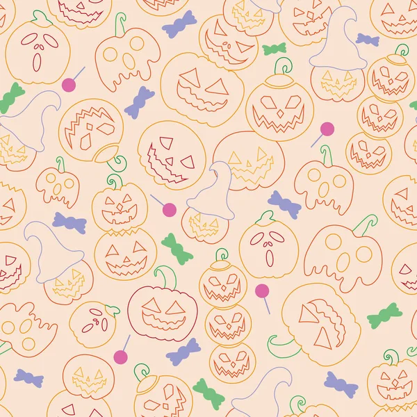 Beige Halloween Ligne Art Citrouille Fond Vectoriel Sans Couture Avec — Image vectorielle