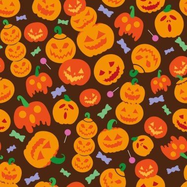 Kahverengi Cadılar Bayramı kabağı pürüzsüz vektör geçmişi komik, korkutucu ve kızgın yüzlü. Şekerli turuncu, kahverengi, kırmızı Cadılar Bayramı vektör deseni.